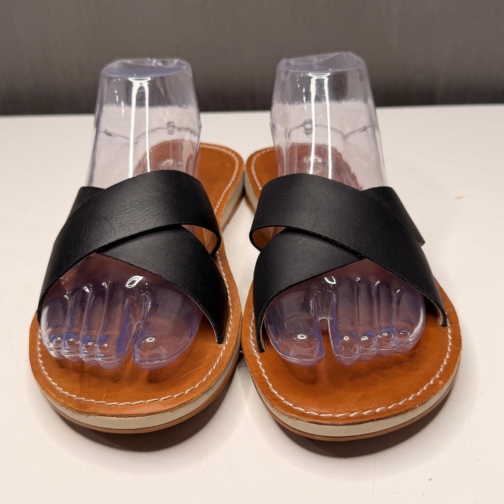 OluKai Ke'A Slide Sandals Womens 10 Black Leather Criss Cross Straps Flat Casual
